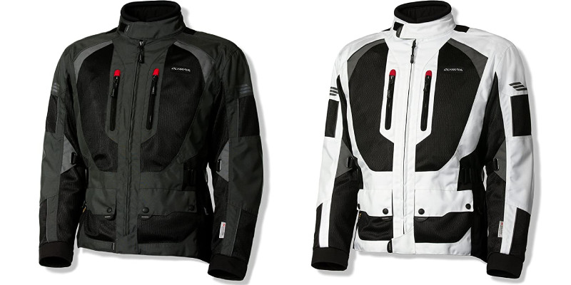Olympia Dakar adventure motorcycle jacket product close up.