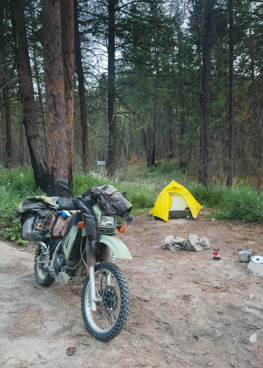 My motorcycle and tent at a dispersed camp spot along the Washington Backcountry Discovery Route
