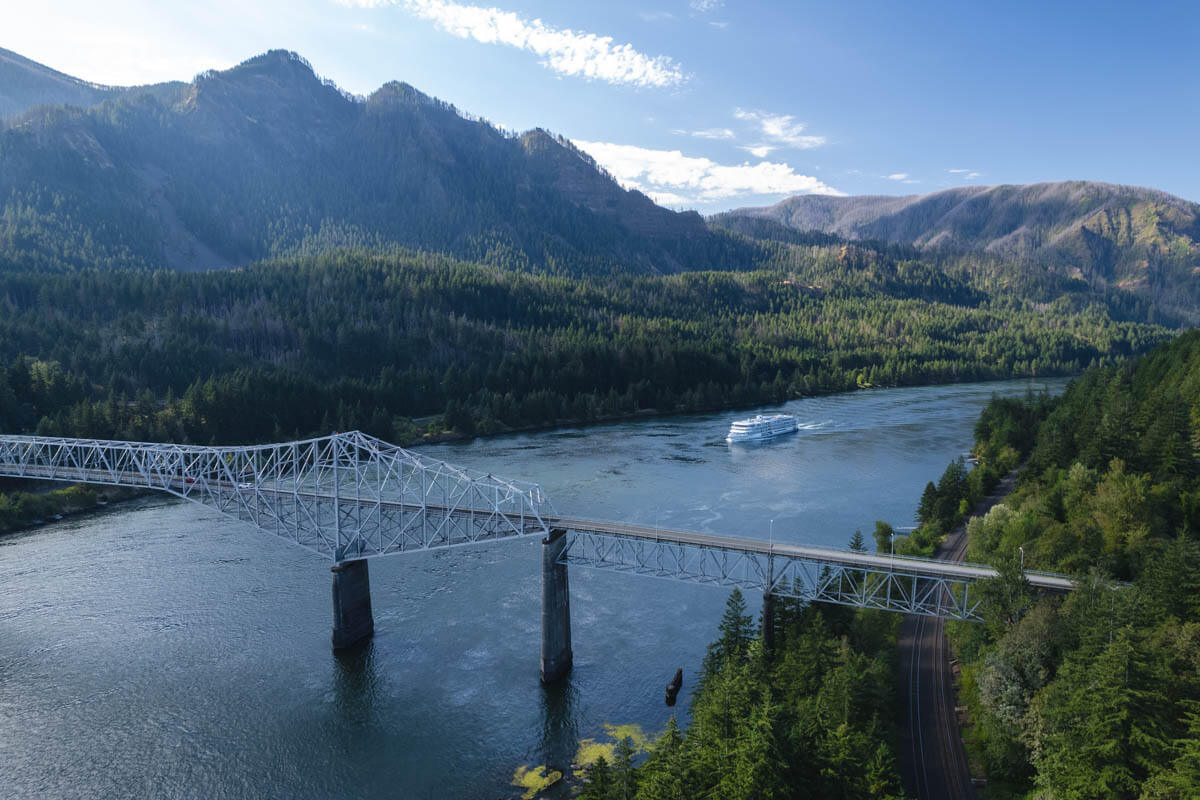 Aerial of Bridge of the Gods marking the beginning of the Washington Backcountry Discovery Route.