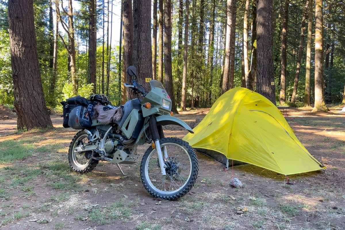 Camp site at the KOA Cascade Lakes with my motorcycle.