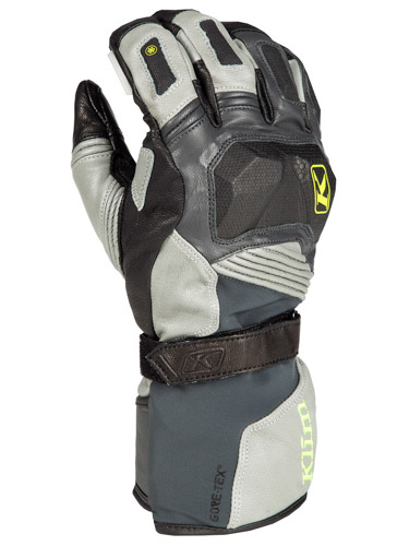 Close up product shot of Klim's Badlands GTX Pro long glove. 
